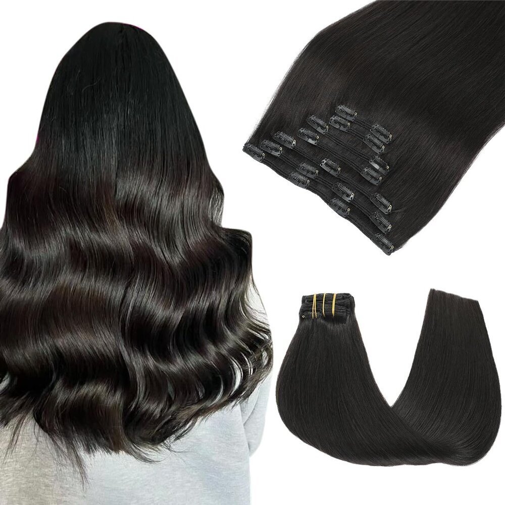 Clip In Hair Extensions Human Hair 16 Inch 7pcs Black Natural Long Style